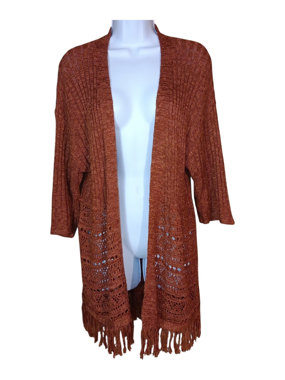 #43 Maurices Rust Orange Open-Front Crochet Fringe Cardigan